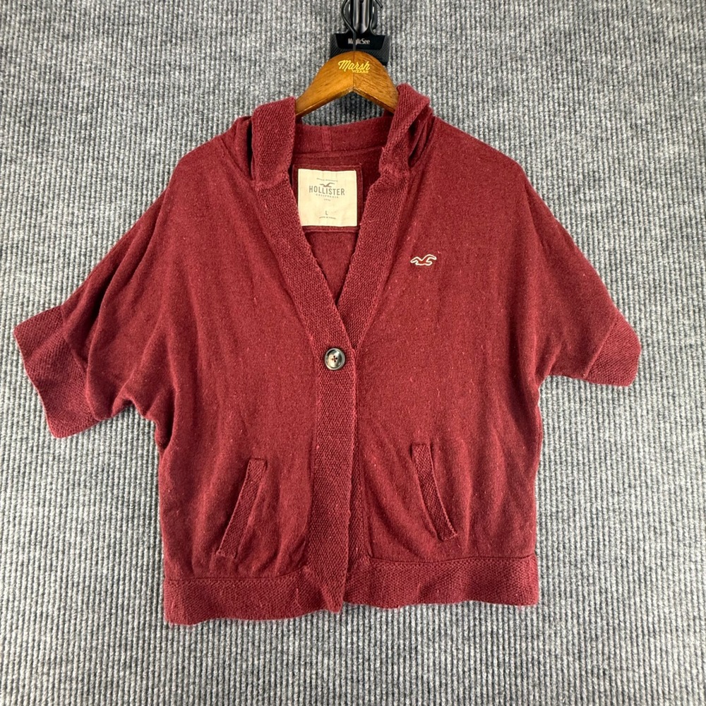 Hollister Cardigan Womens L Maroon Excellent Short Sleeve Hooded Knit Sweater‎